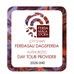 Certification badge: white rounded square on a marbled background, reads 'Authorized Day Tour Provider' with a circular logo and year 2026-040